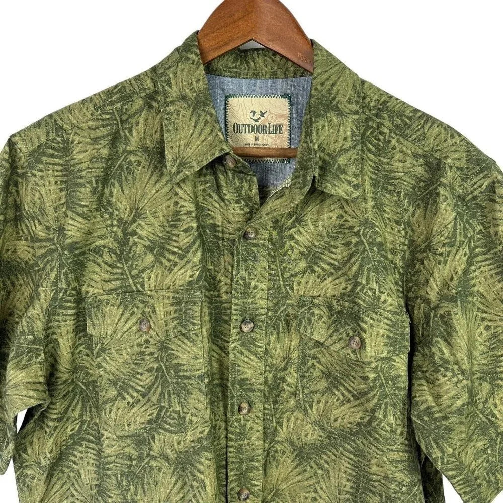 Outdoor Life Mens Button Up Shirt Size Medium Green Fern Print Tropical - Picture 3 of 8